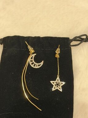 Gold Moon and Star Asymmetrical Drop Earrings with Cubic Zirconia